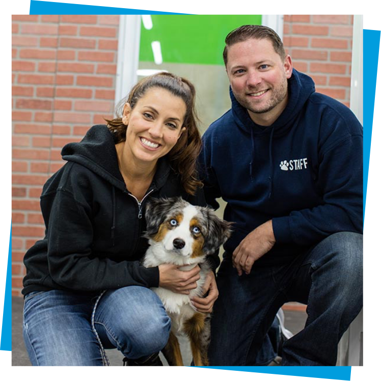 Image&Frame a smiling man and woman kneeling around a white black and brown dog