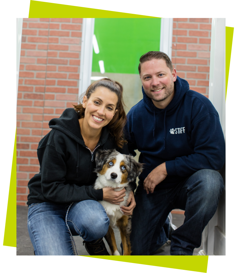 Overnight Boarding 2 a smiling man and woman kneeling with a small brown white and black dog between them