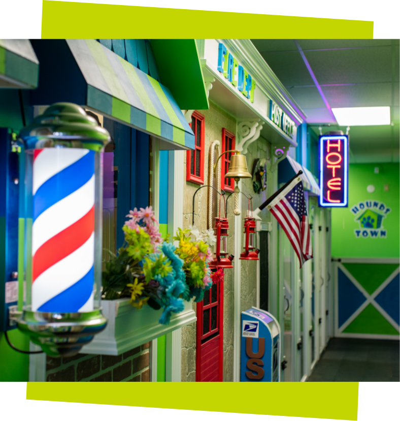 Overnight Boarding 3 houndstown hallway with out of focus barber shop sign