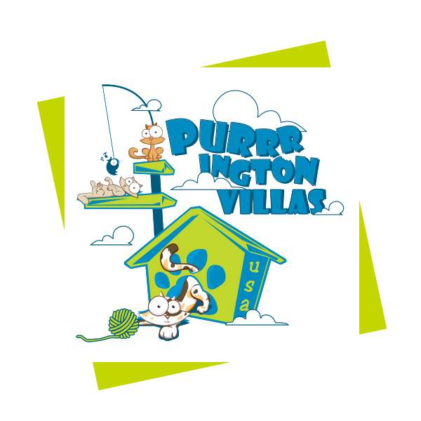 purrington purrington villas with three cats green background